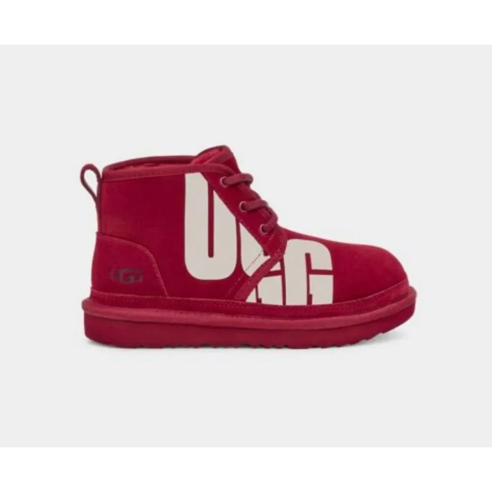 UGG Kids Neumel Chopd Lace Up Booties Burgundy Wool Lined Modern Chukka Sz 3